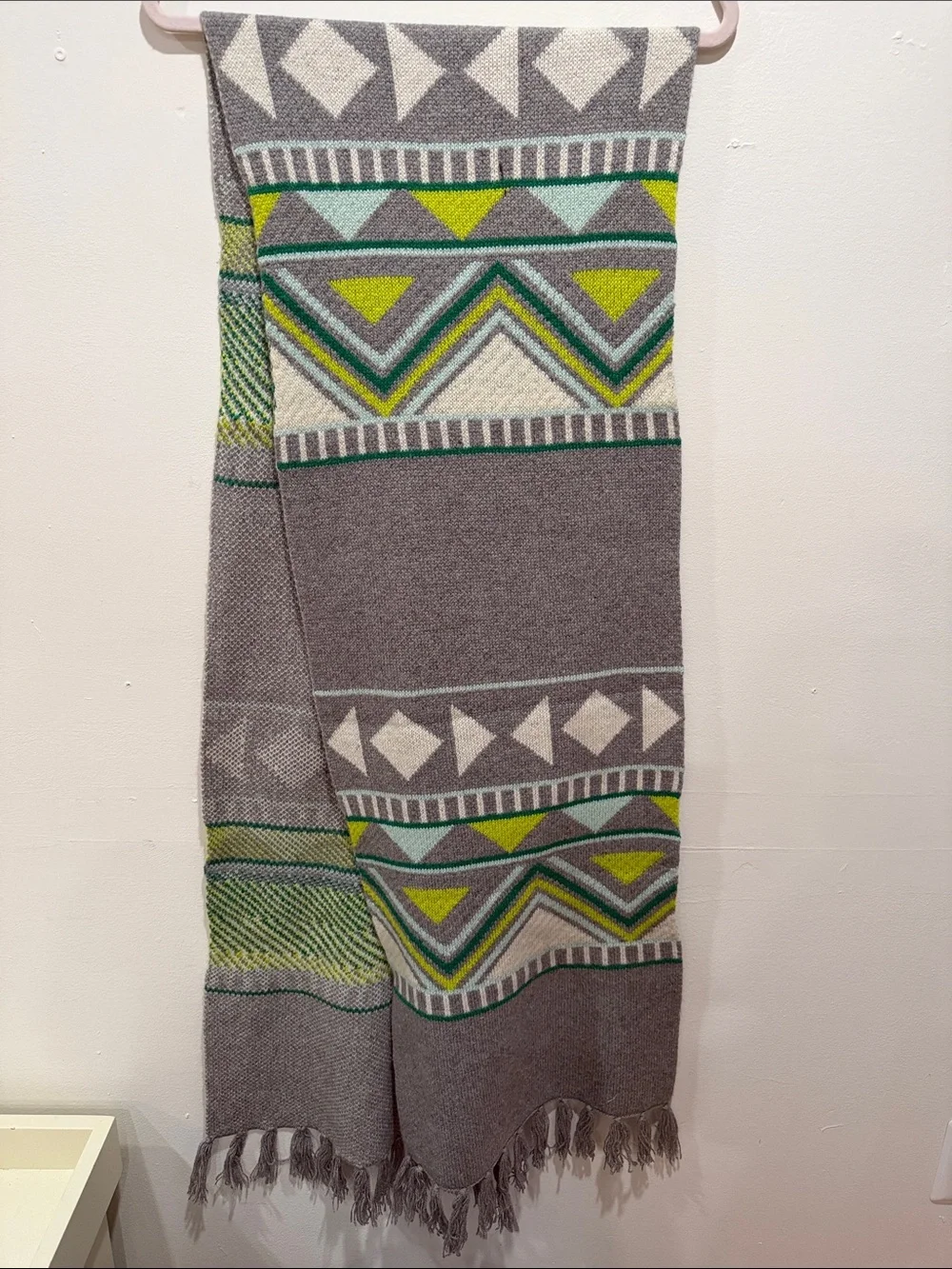 J. Crew Gray Knit Scarfwith Lime and Mint Geometric Pattern